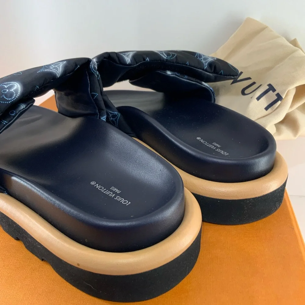 Pre Owned Louis Vuitton Sz 38 Black & Blue Monogram Padded Slide Sandals w/ Box. - Picture 5 of 10